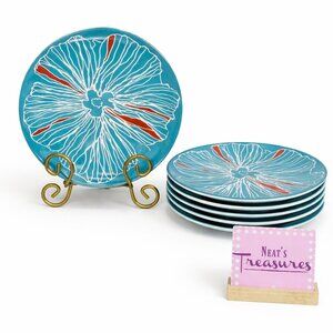 Ikea BULLRA 15199 Turquoise Red Floral Round Stoneware Lunch Salad Plates Set 6